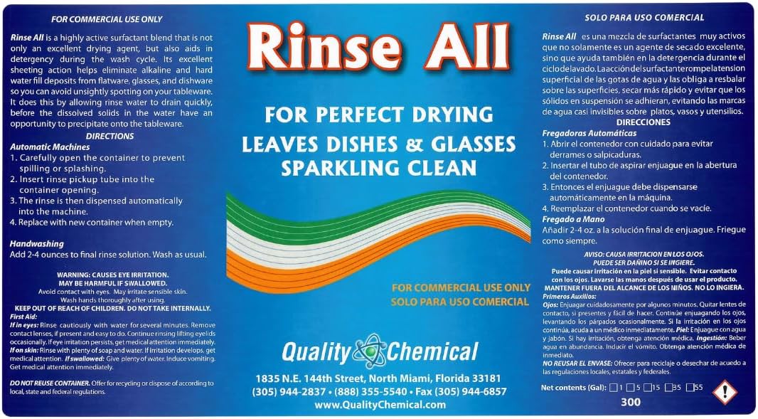 Quality Chemical Enjuague todoAclarador de grado industrial comercialLíquido de enjuague para lavavajillas, acabado seco con calor y frío, agente de