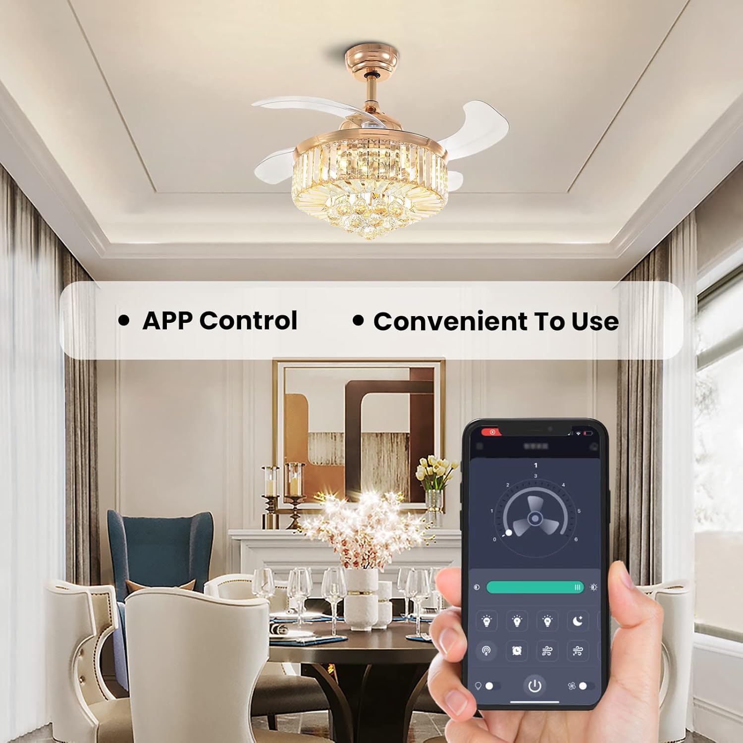 Siljoy Ventilador de techo retráctil con control remoto de luz, moderno ventilador de techo de cristal dorado, 3 vías regulable de 6 velocidades de