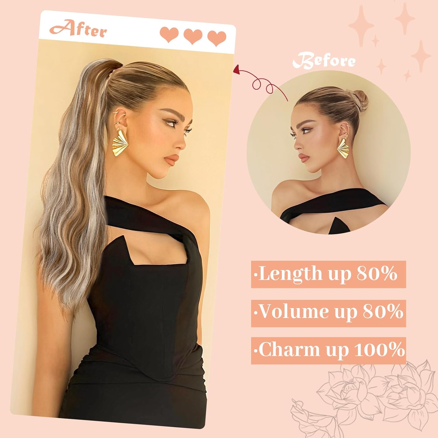 Extensión de cola de caballo de 22 pulgadas y 24 pulgadas de largo, ondulado y lacio, extensiones de cabello sintético de aspecto natural para
