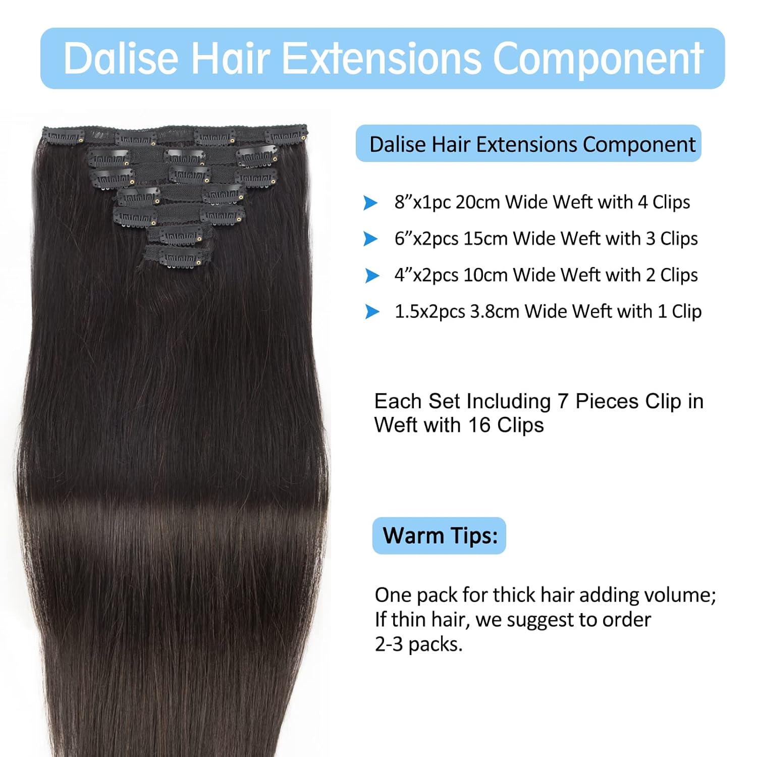 Dalise Extensiones de cabello humano con clip, color negro natural, doble trama, extensiones de cabello suave liso con clip (#1B, 16 pulgadas)