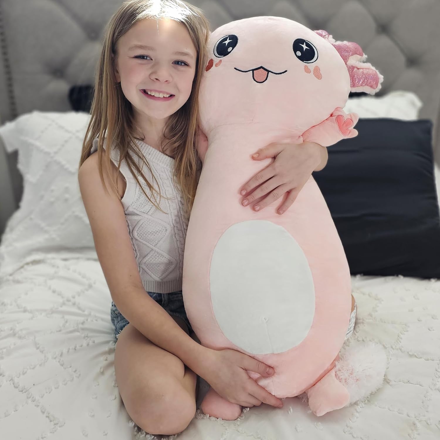 Bonita almohada corporal de ajolote rosa, regalo para niñas, 35 pulgadas de largo, almohada de abrazo para adultos, regalo para el día de San