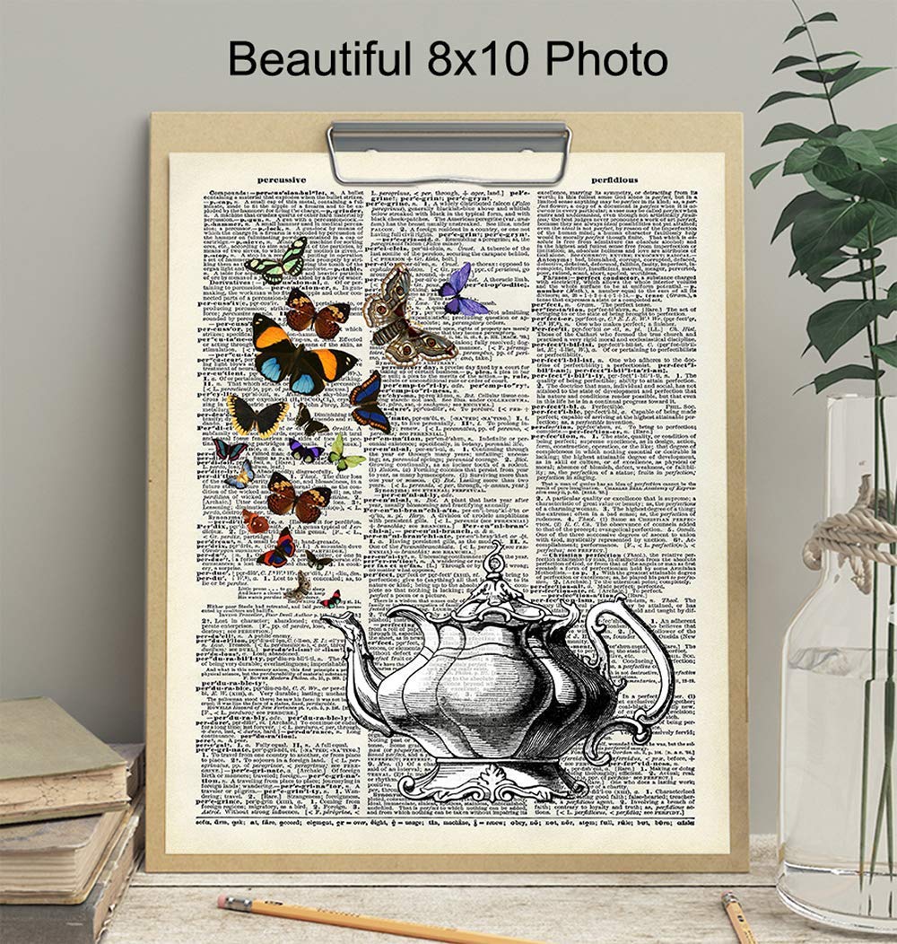 Butterflies in Teapot Dictionary Wall Art Print – Vintage Home Decor For Kitchen, Dining Room – Cool Unique Steampunk Gift – Shabby Chic Rustic –