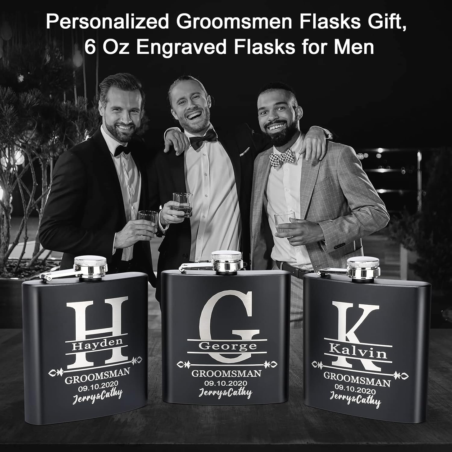 Juego de 6 regalos para padrinos de boda, regalos de padrino de boda personalizados de acero inoxidable de 6 onzas. Frasco personalizado, ideal para