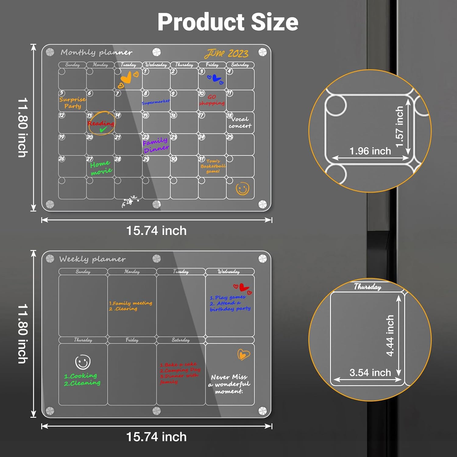 Calendario magnético acrílico para refrigerador de 16 x 12 pulgadas, calendario mensual transparente, pizarra magnética de borrado en seco para