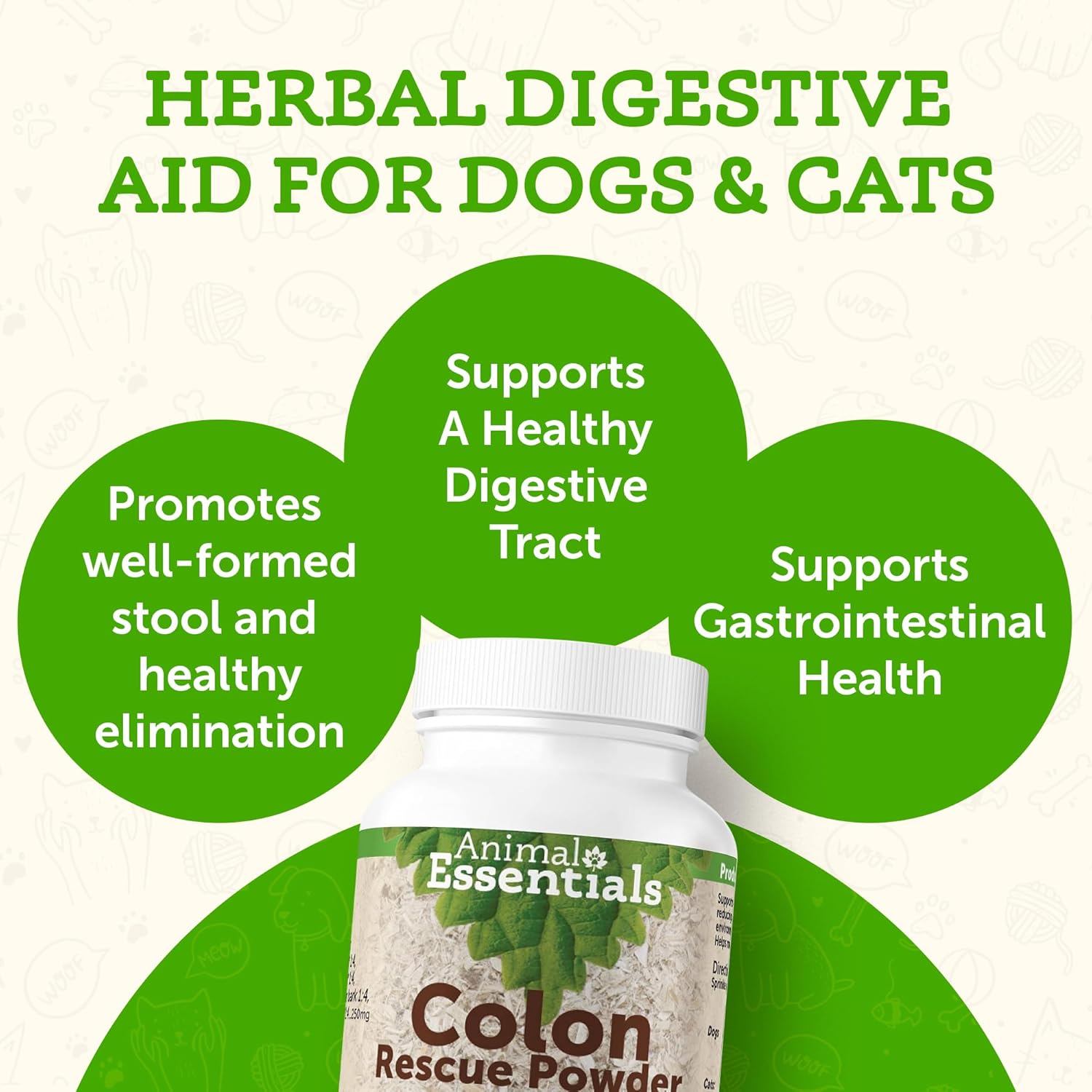 Animal Essentials Polvo de rescate de colon ayuda digestiva a base de hierbas para perros y gatos, 1 onza  Hecho en Estados Unidos GI Support