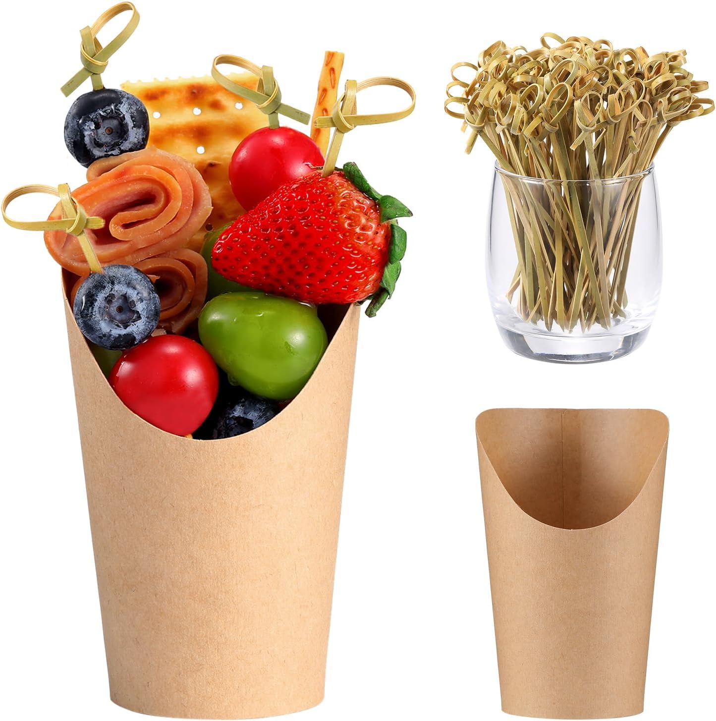 Juego de tazas de charcutería de 12 onzas, 24 tazas con 100 púas de coctail, soporte para papas fritas y brochetas de nudo de bambú, kit de