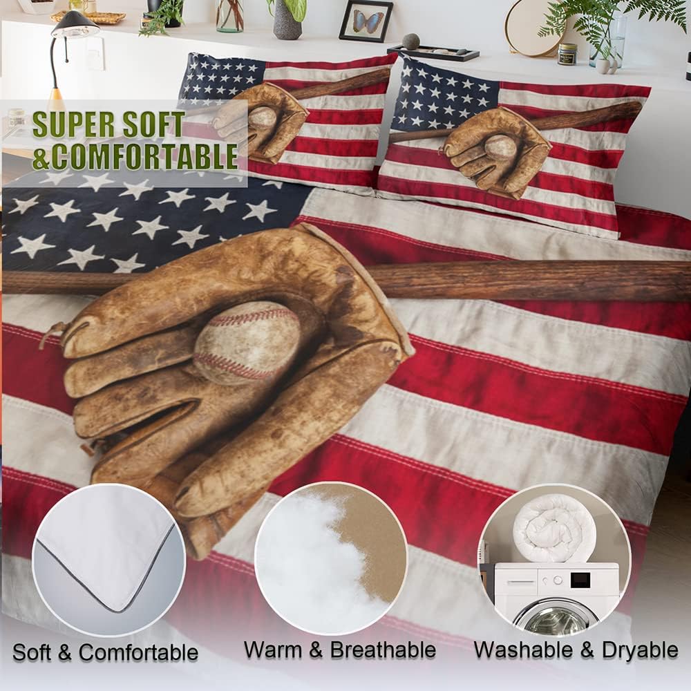 Juego de edredón de béisbol con bandera estadounidense 3D, tamaño matrimonial, ropa de cama deportiva para niños