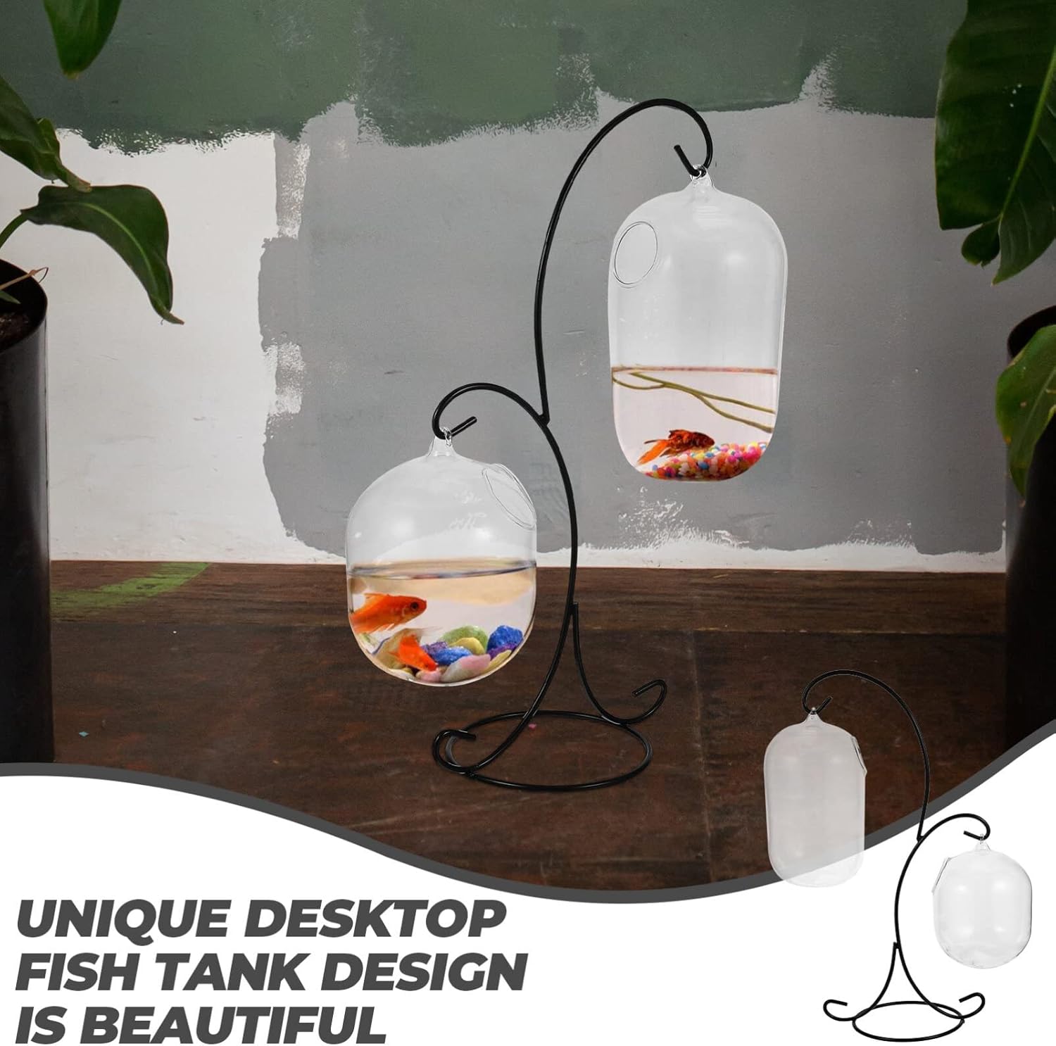 VOSAREA Escritorio de cristal colgante pecera tanque con soporte mesa pequeña tanque de peces de vidrio mini acuario soporte de planta de aire para