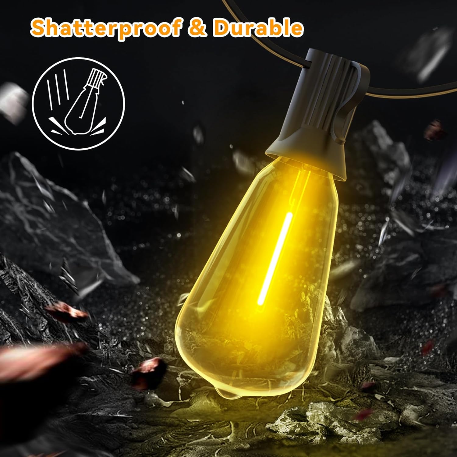 Paquete de 1 tira de luces para exteriores de 120 pies, impermeable, con 62 bombillas LED regulables inastillables, aprobación UL, ST38, bombillas