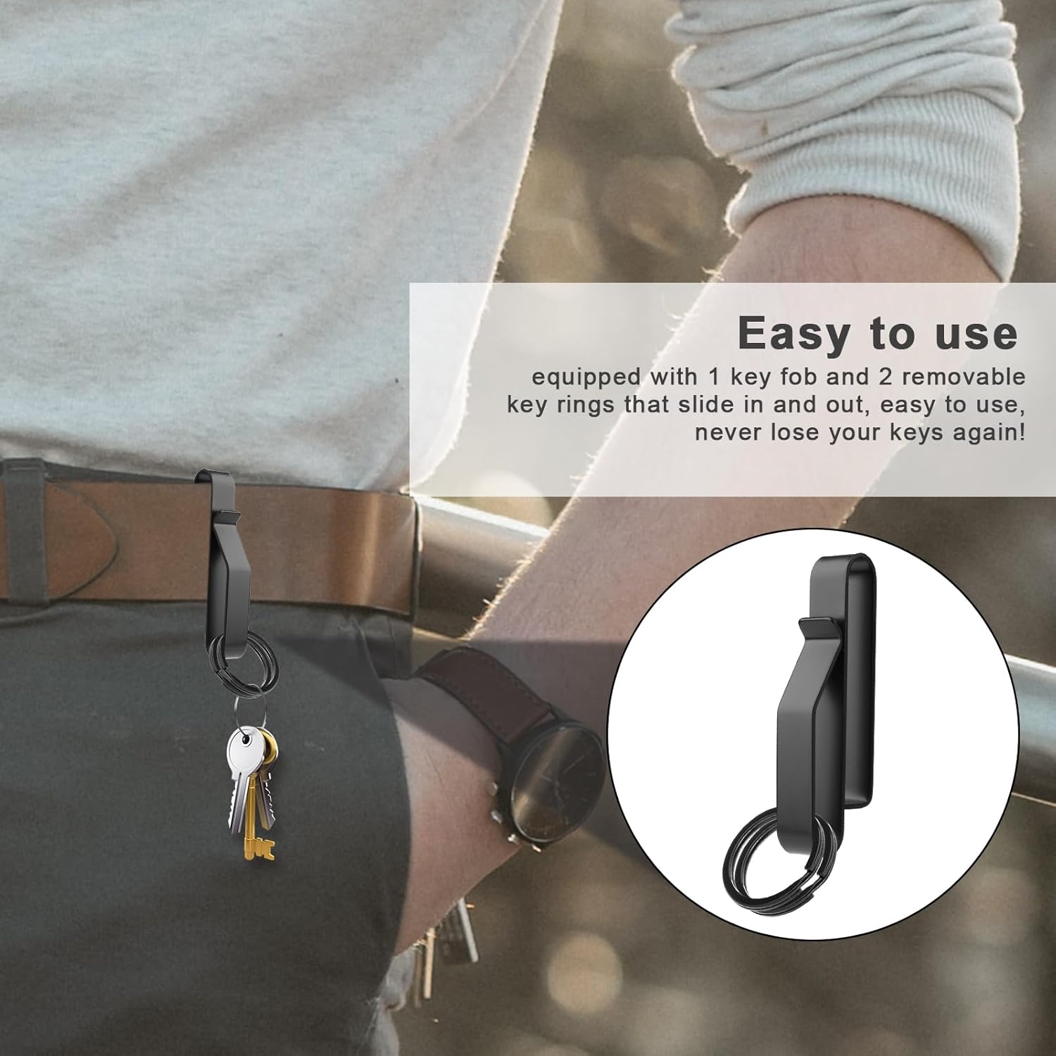 Llavero de cinturón de alta resistencia, de acero inoxidable, negro, para hombres, clip táctico con llaveros para cinturones de 1.5 a 2.25 pulgadas