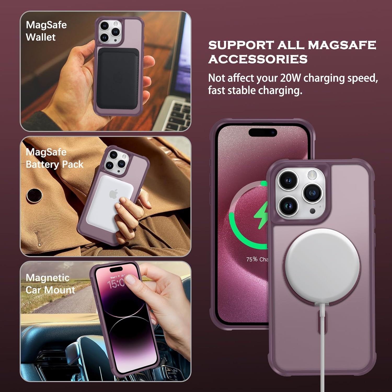 YINLAI Funda para iPhone 15 Pro Max de 6.7 pulgadas, magnética compatible con Magsafe con soporte de anillo giratorio de 360, soporte delgado