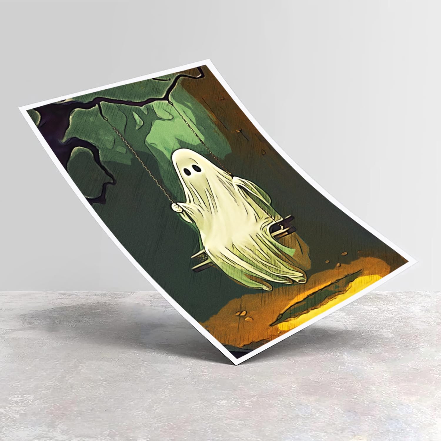 Lienzo decorativo para pared de fantasma, divertido póster de fantasma en columpio de bosque, impresión artística de Halloween (18 x 12 pulgadas,