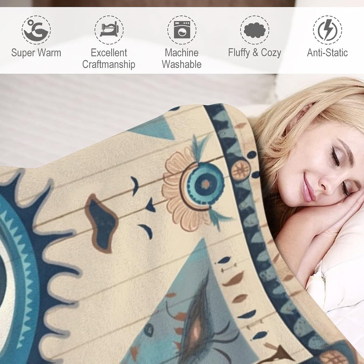 Manta de mal de ojo, tribal bohemio, retro, súper suave, acogedora, cálida, manta decorativa para sala de estar, dormitorio, dormitorio