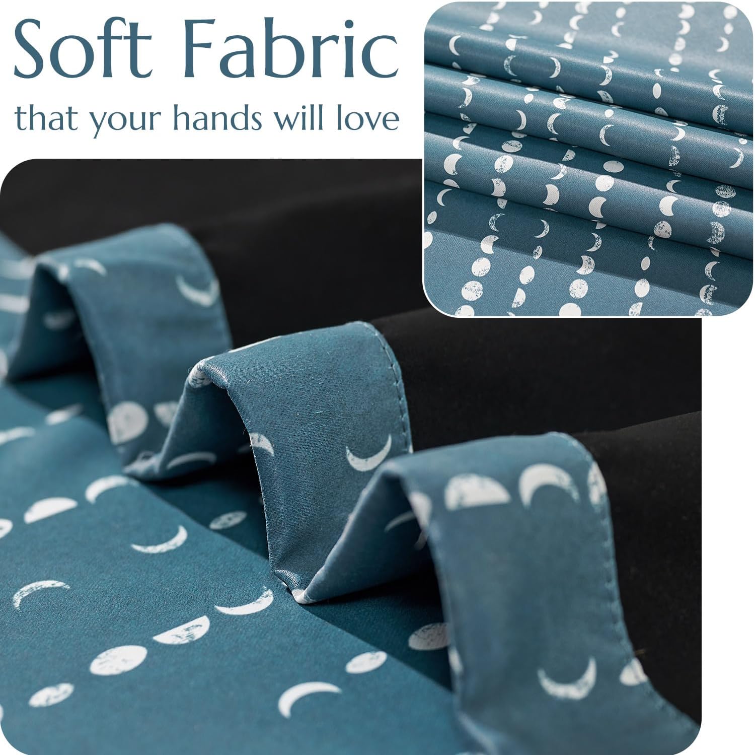 jinchan Cortinas bohemias 100% opacas con estampado de fases lunares de 63 pulgadas de largo, cortinas azules con bolsillo para barra, pestañas