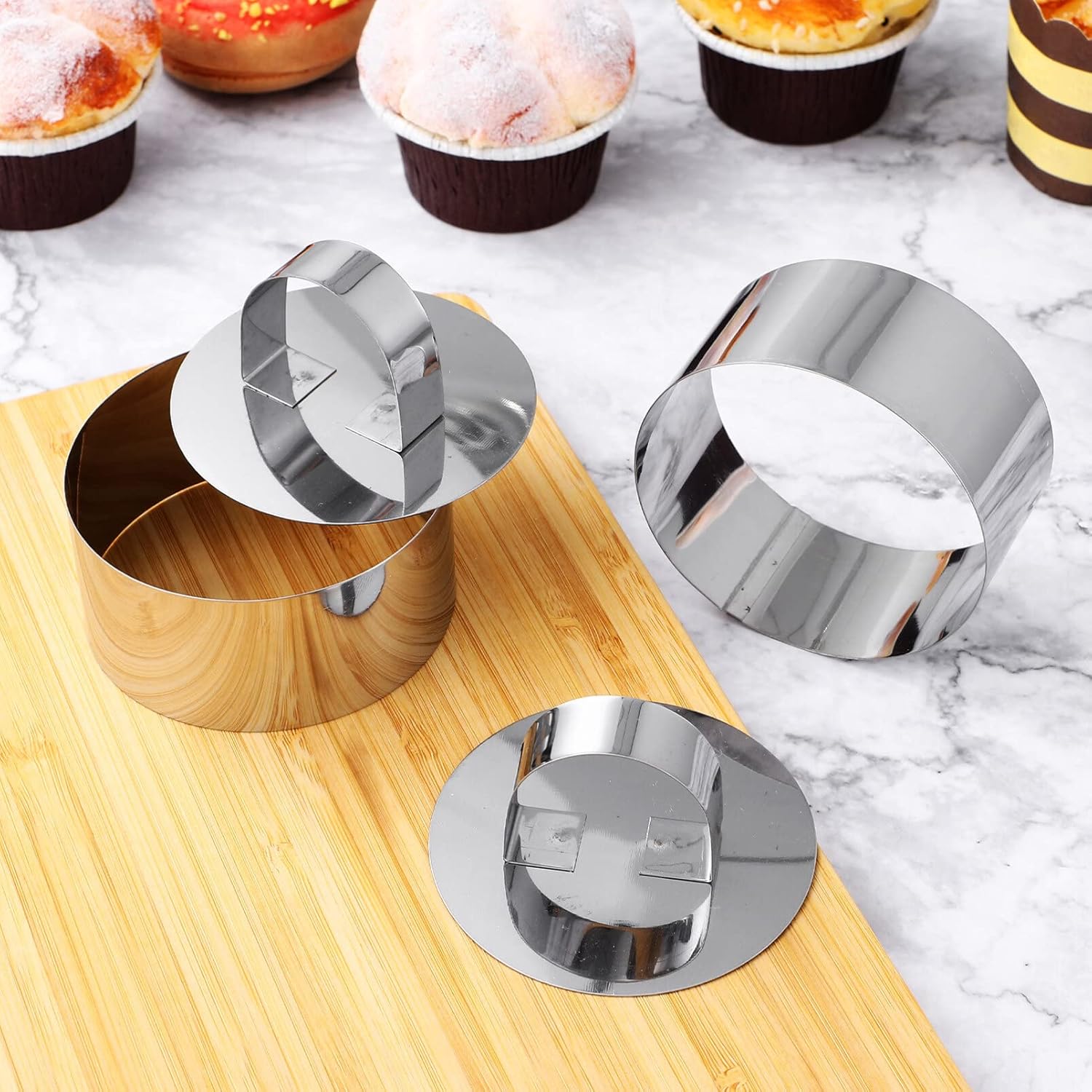 Moldes de anillo para hornear moldes redondos de acero inoxidable para mousse de postre de 3 pulgadas con empujador elevador de atún tartar, 8