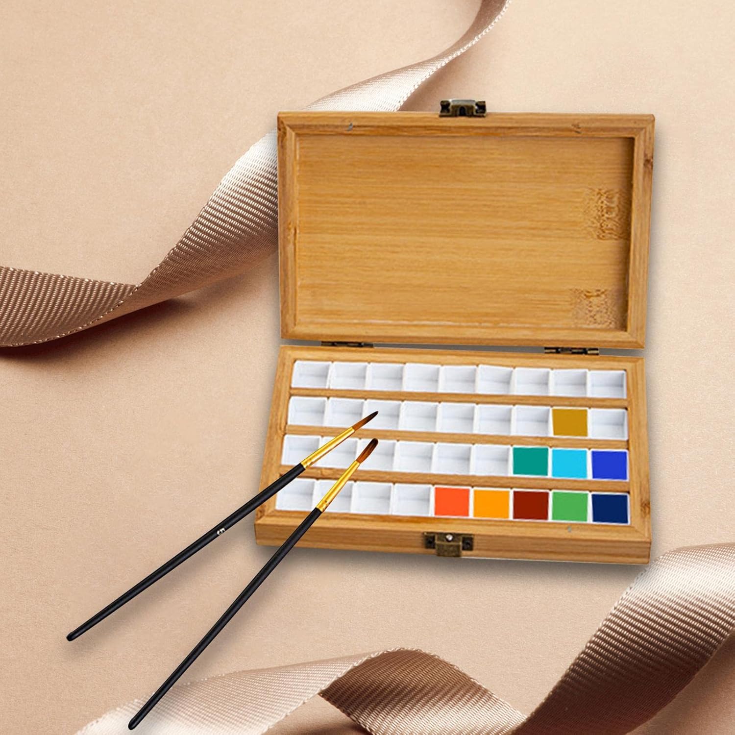 DYNWAVE Paleta de pintura de bambú vacía portátil, paleta duradera, gouache de madera con tapa, caja de pintura de acuarela para pintores, niños,