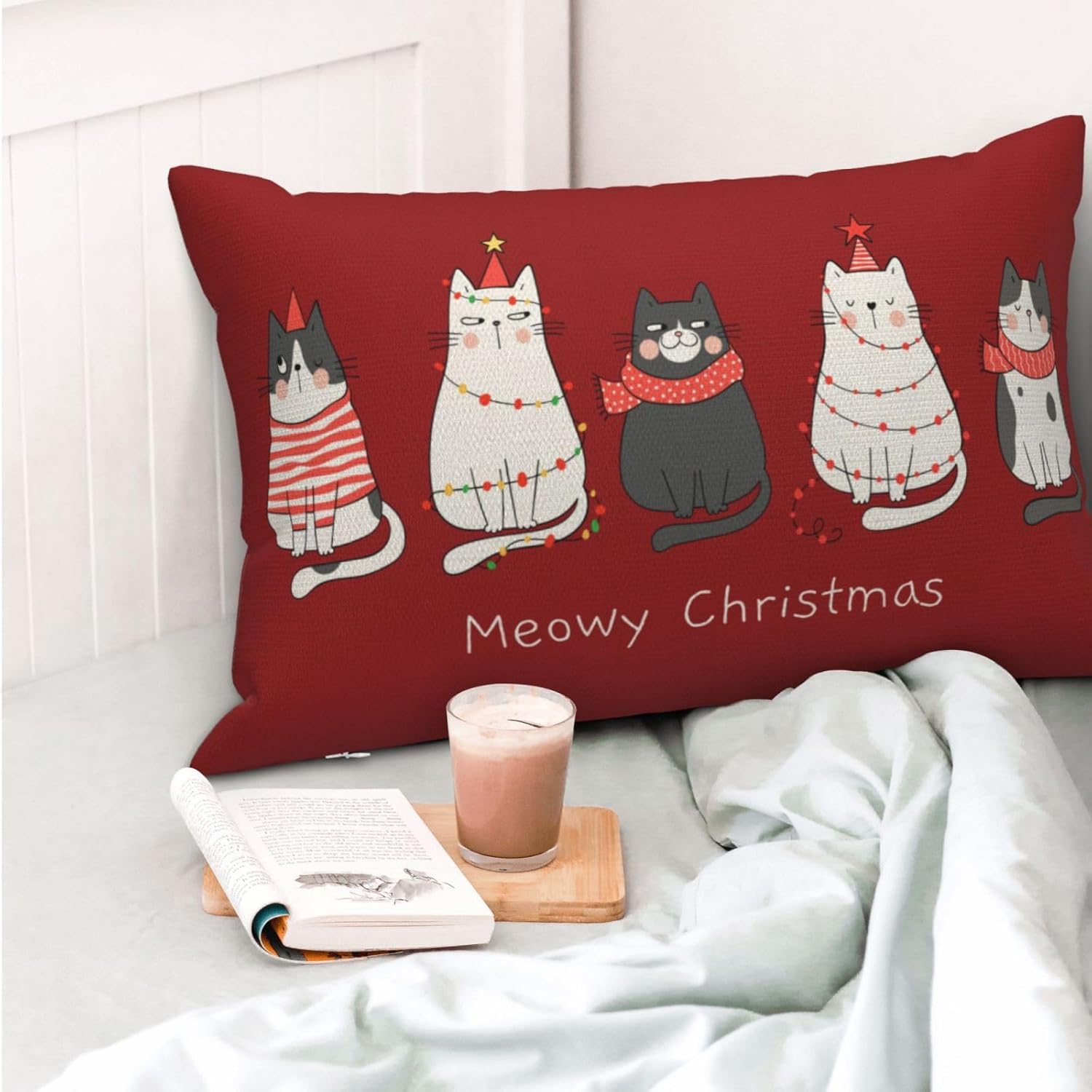 Juego de 2 fundas de almohada de Navidad de 12 x 20 pulgadas, lindas fundas decorativas de invierno de lino, color rojo, fundas de almohada de
