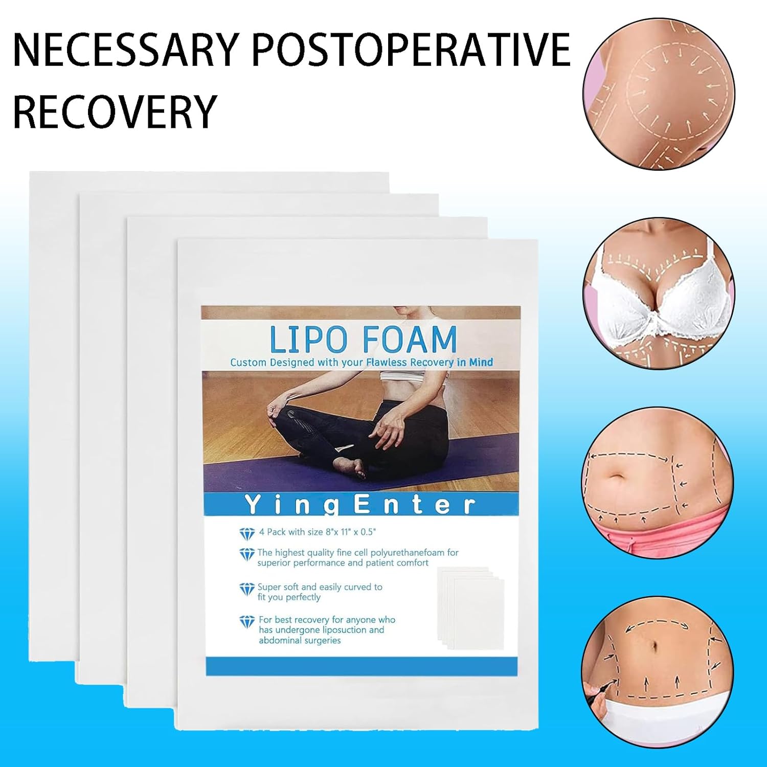 Paquete de 4 almohadillas de espuma Lipo para uso postoperatorio para uso con cirugía posliposucción, aplanamiento de compresión abdominal,