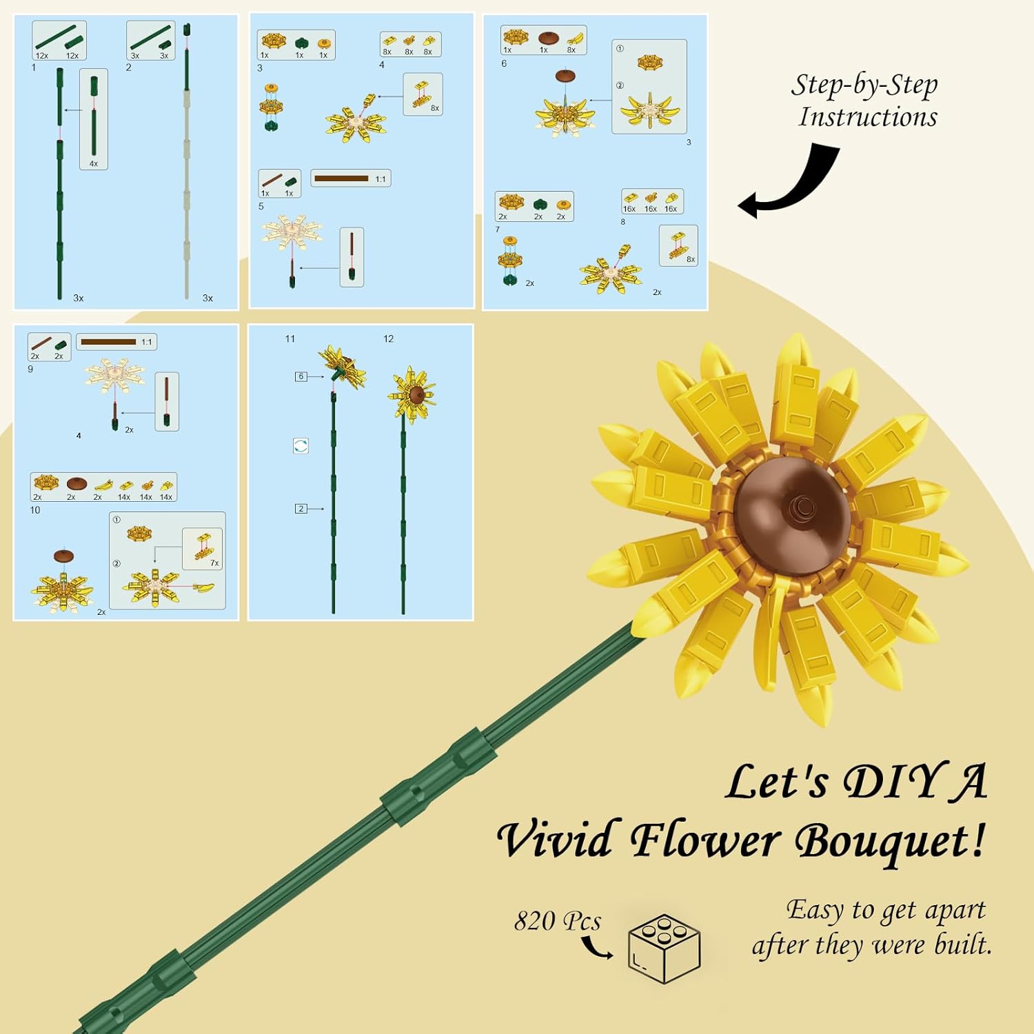 Juegos de construcción de ramo de flores, 15 flores artificiales con jarrón, regalos creativos de Navidad (820 piezas)