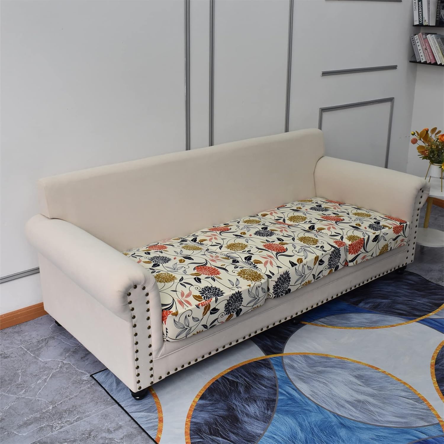 KRFOONN Fundas elásticas de sofá de 4 piezas para sofás de 3 cojines, funda de sofá estampada con 3 fundas de cojín de asiento separadas, fundas
