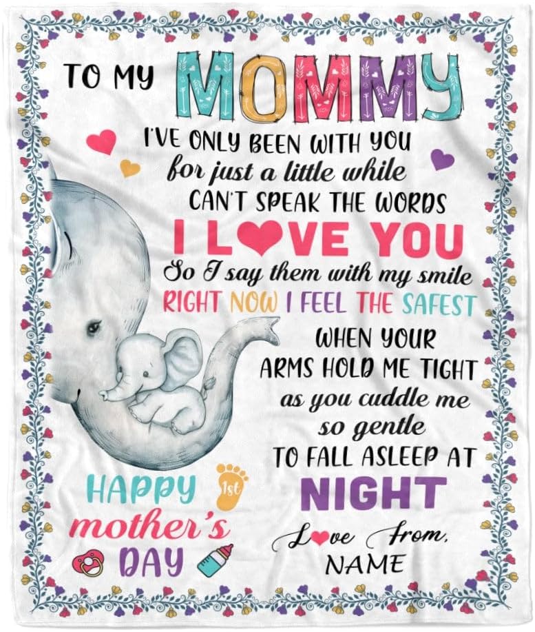 Manta de forro polar personalizada con texto en inglés To My Mom, First Time Mom, elefante, feliz día de la madre, cumpleaños, Navidad (30 x 40
