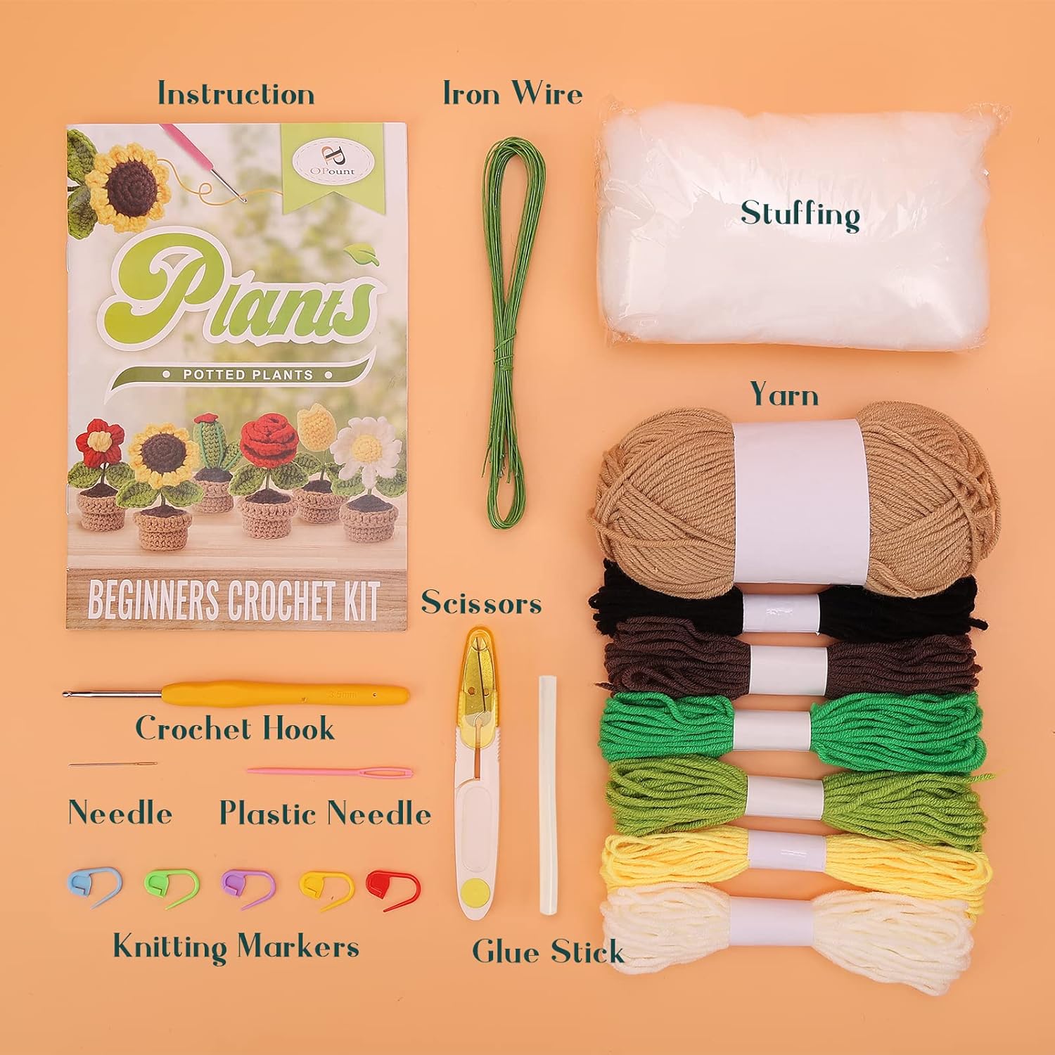 PP OPOUNT Kit de ganchillo para principiantes, 3 plantas en maceta, paquete completo de inicio para adultos y niños con instrucciones paso a paso y