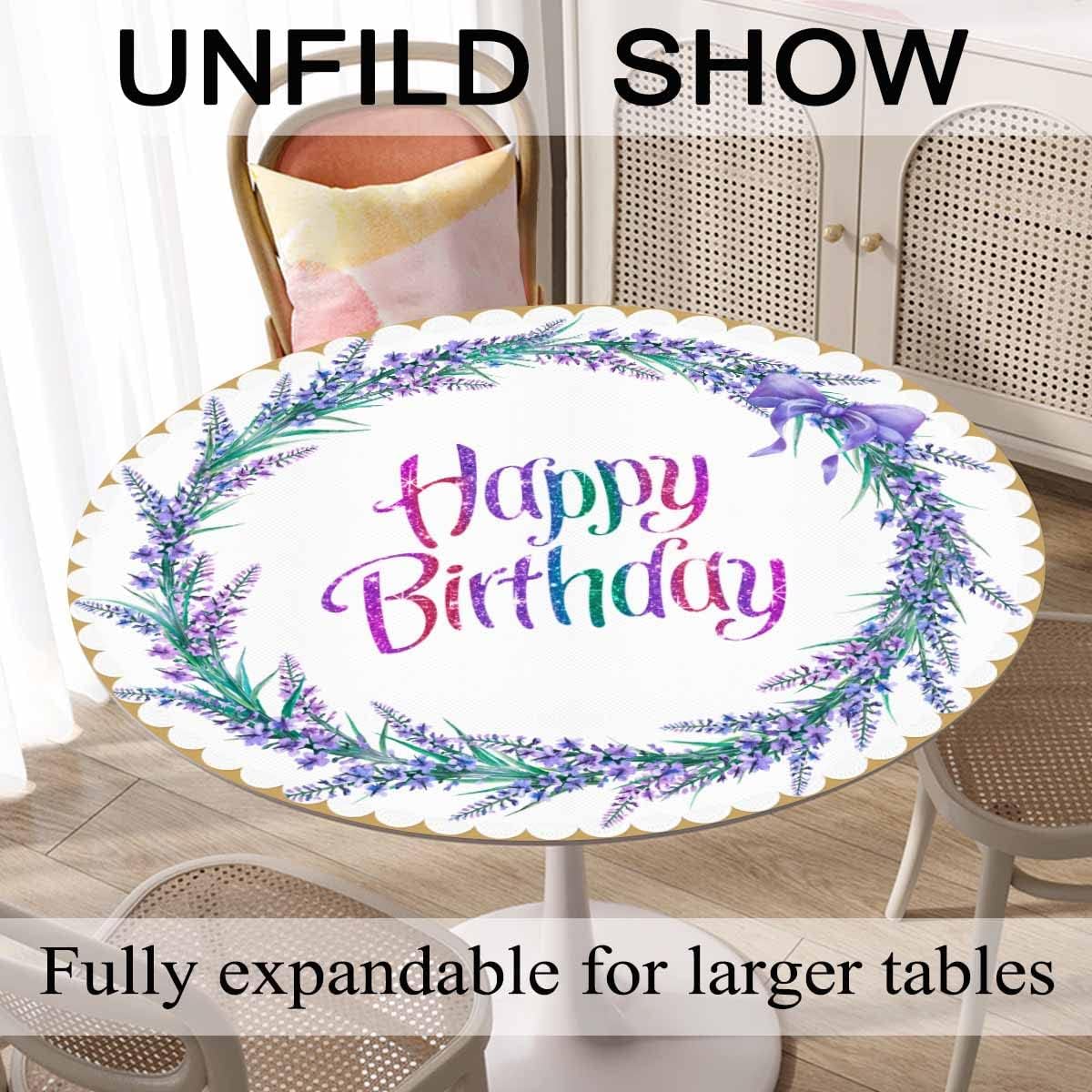 Mantel de feliz cumpleaños de 60 pulgadas de diámetro, corona redonda de acuarela con flores de lavanda, manteles de flores de lavanda moradas para