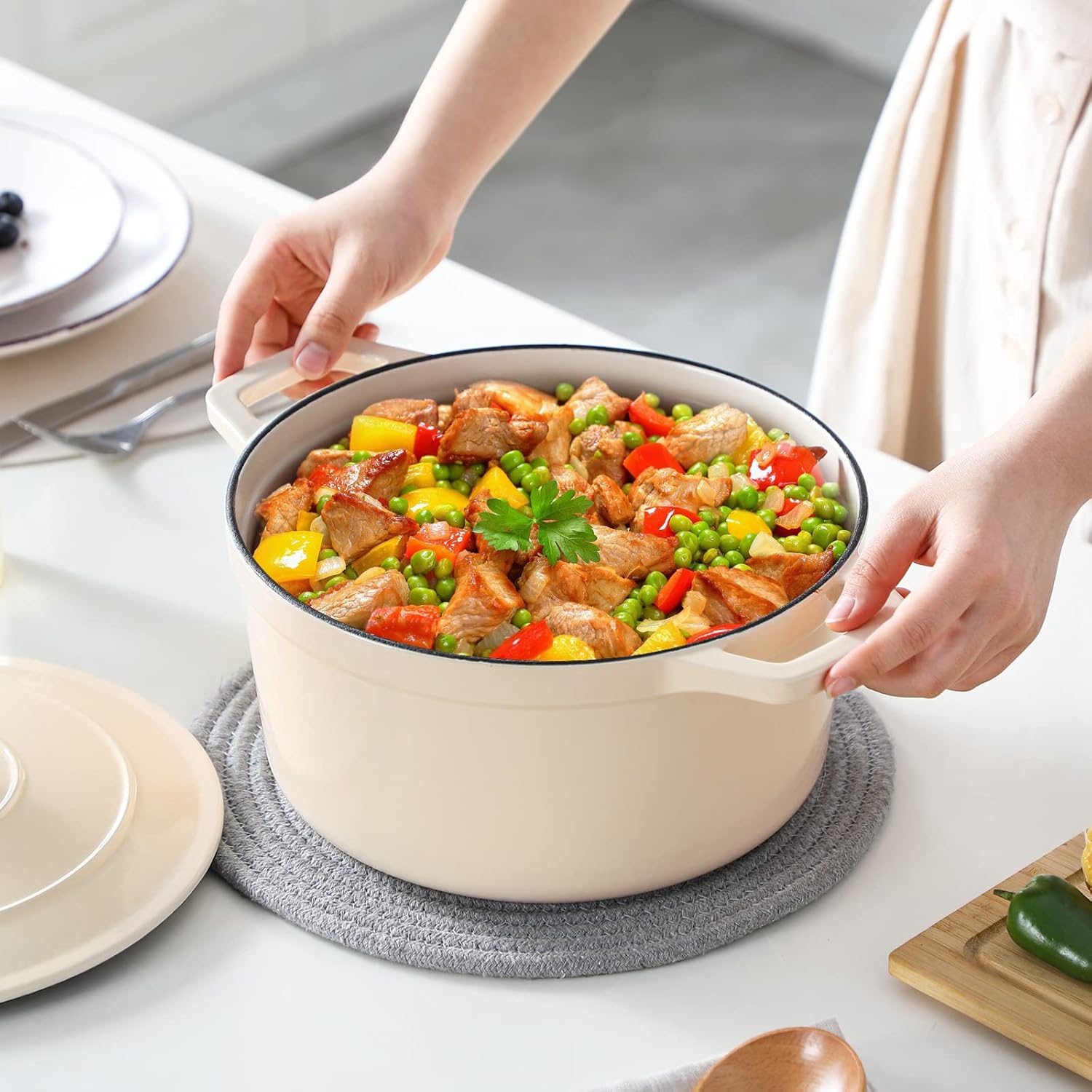 vancasso Horno holandés de hierro fundido, olla holandesa de 6 cuartos de galón con tapa, horno holandés redondo olla de hierro fundido con