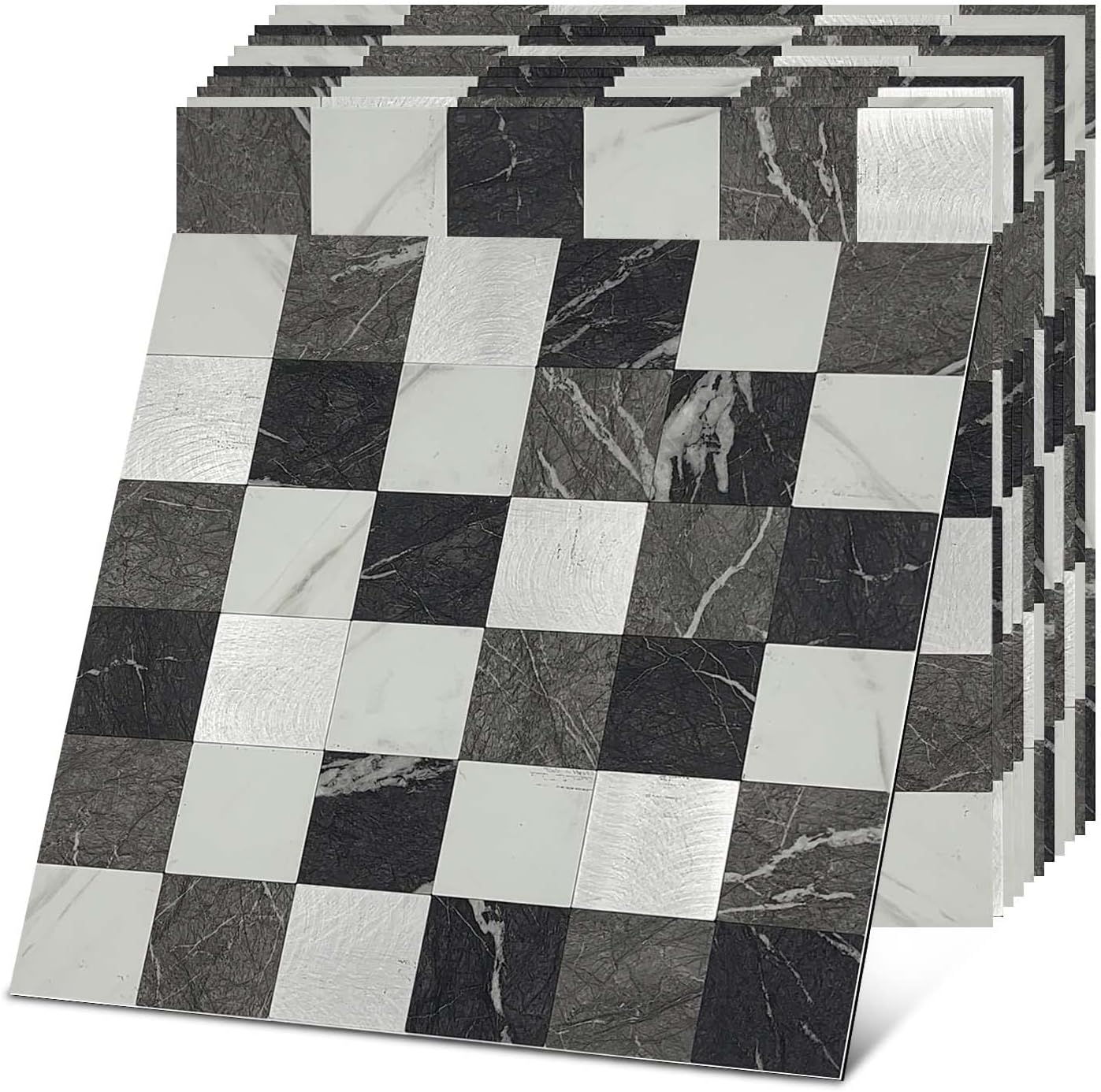 Crystiles Medley – Azulejos de PVC y aluminio de 12 x 12 pulgadas, para despegar y pegar, mármol negro y metal cepillado, paquete de 12 unidades