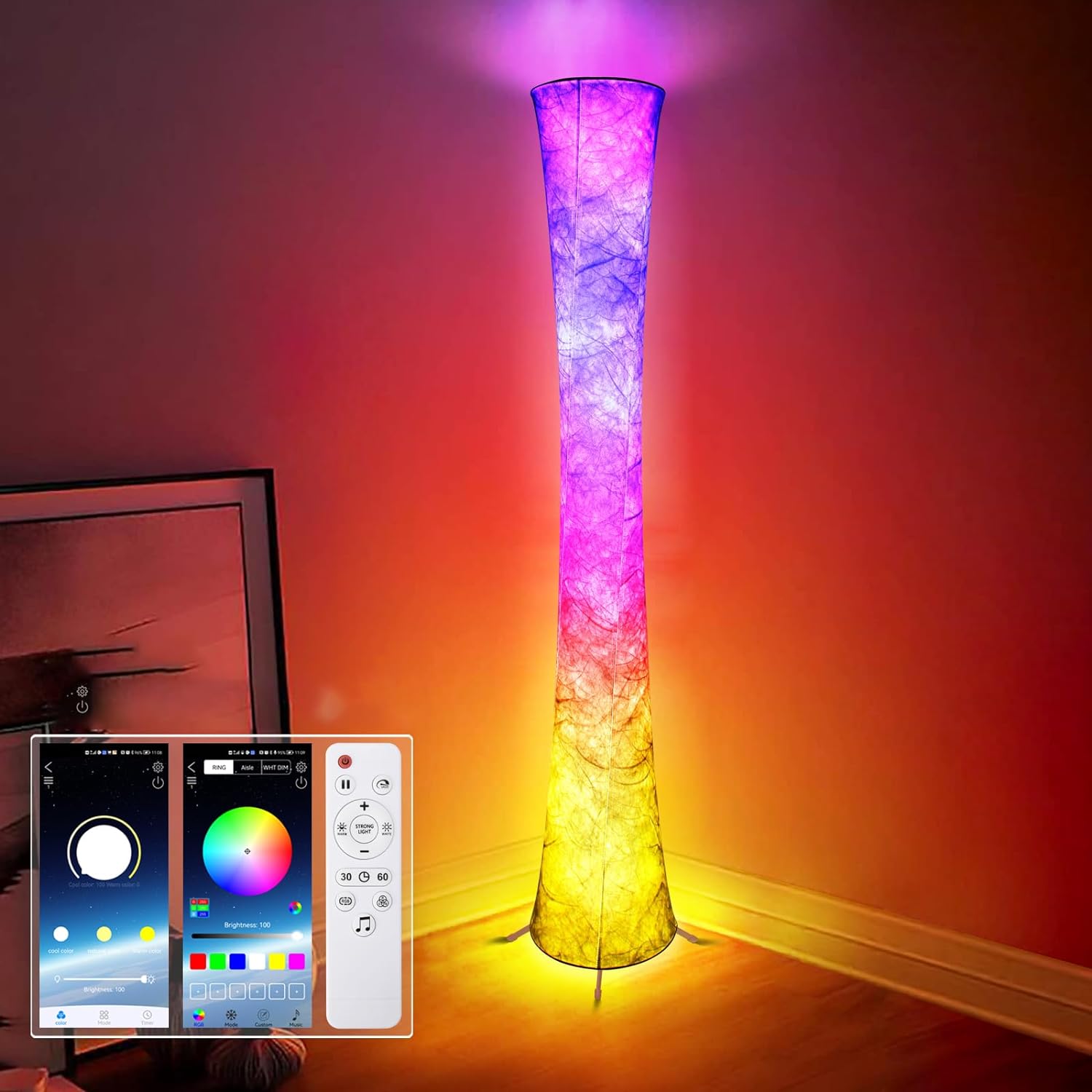 Lámpara de pie, lámpara inteligente LED que cambia de color RGB, sincronización de música, control remoto por aplicación, lámpara de pie de 62