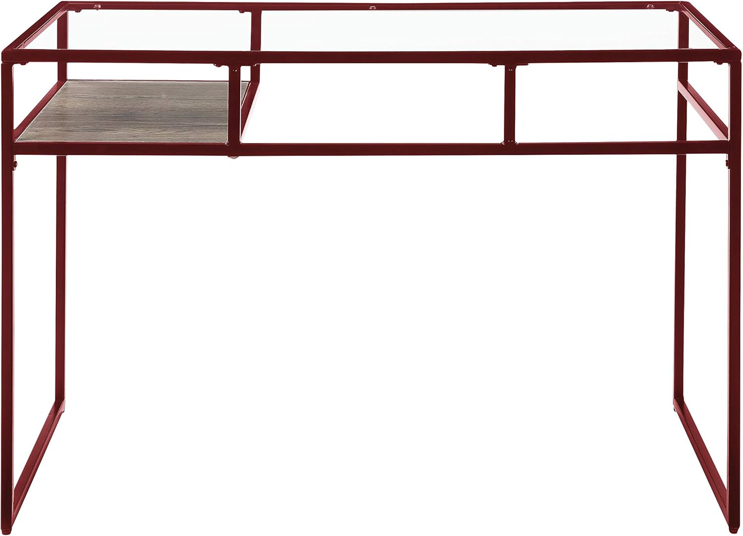 Escritorio rectangular industrial con compartimento abierto, parte superior de vidrio y base de trineo de metal, capacidad de peso de 50 libras, 48