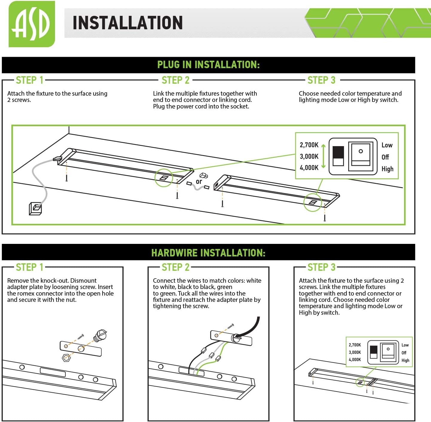 ASD Iluminación LED giratoria para debajo del gabinete, bronce de 18 pulgadas, 8 W, cableado o enchufable, 2700 K3000 K4000 K seleccionable, lente