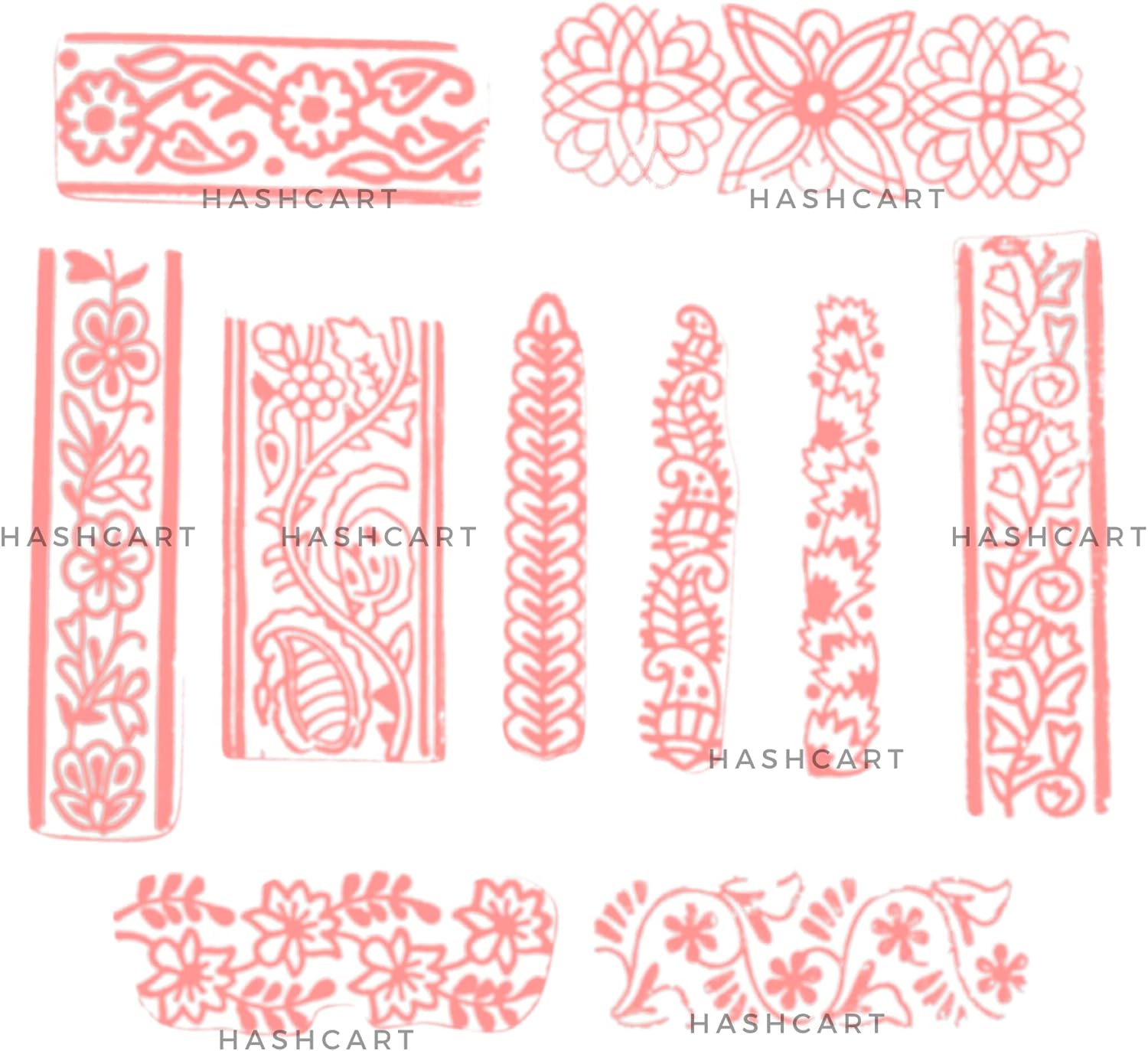Hashcart  Juego de 10  Bloques de impresión multidiseño para borde de sari  Impresión a mano de henna Mehndi  Sellos para álbumes de recortes