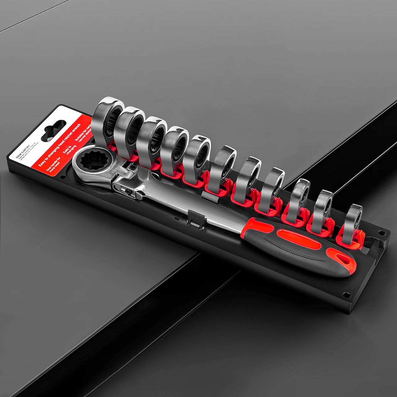 Juego de llaves de trinquete desmontables 12 en 1, cabezal giratorio de 180 grados, herramienta de llave de trinquete métrica flexible con cabezales