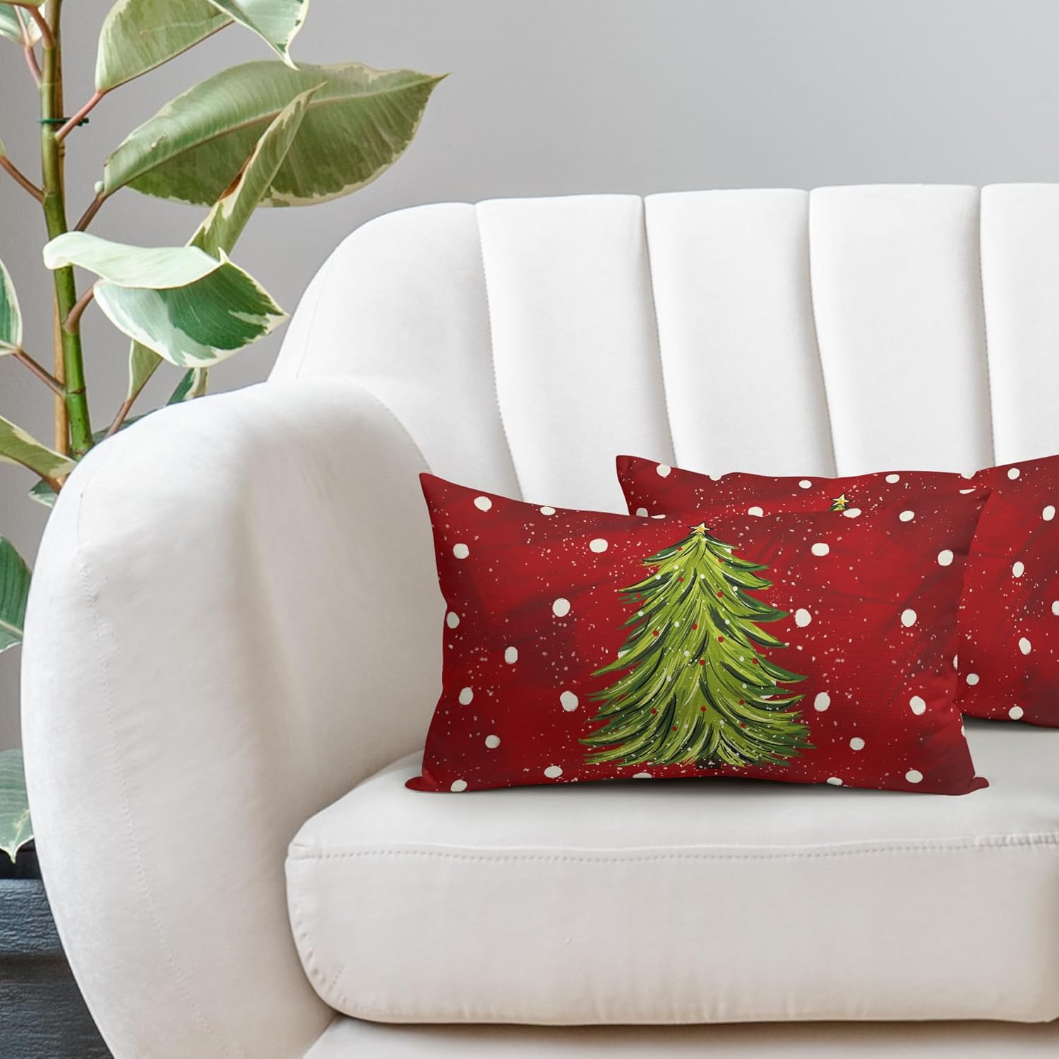 Juego de 2 fundas de almohada lumbares rojas de Navidad de 12 x 20 pulgadas, fundas de almohada rectangulares de árbol de acuarela de Navidad,