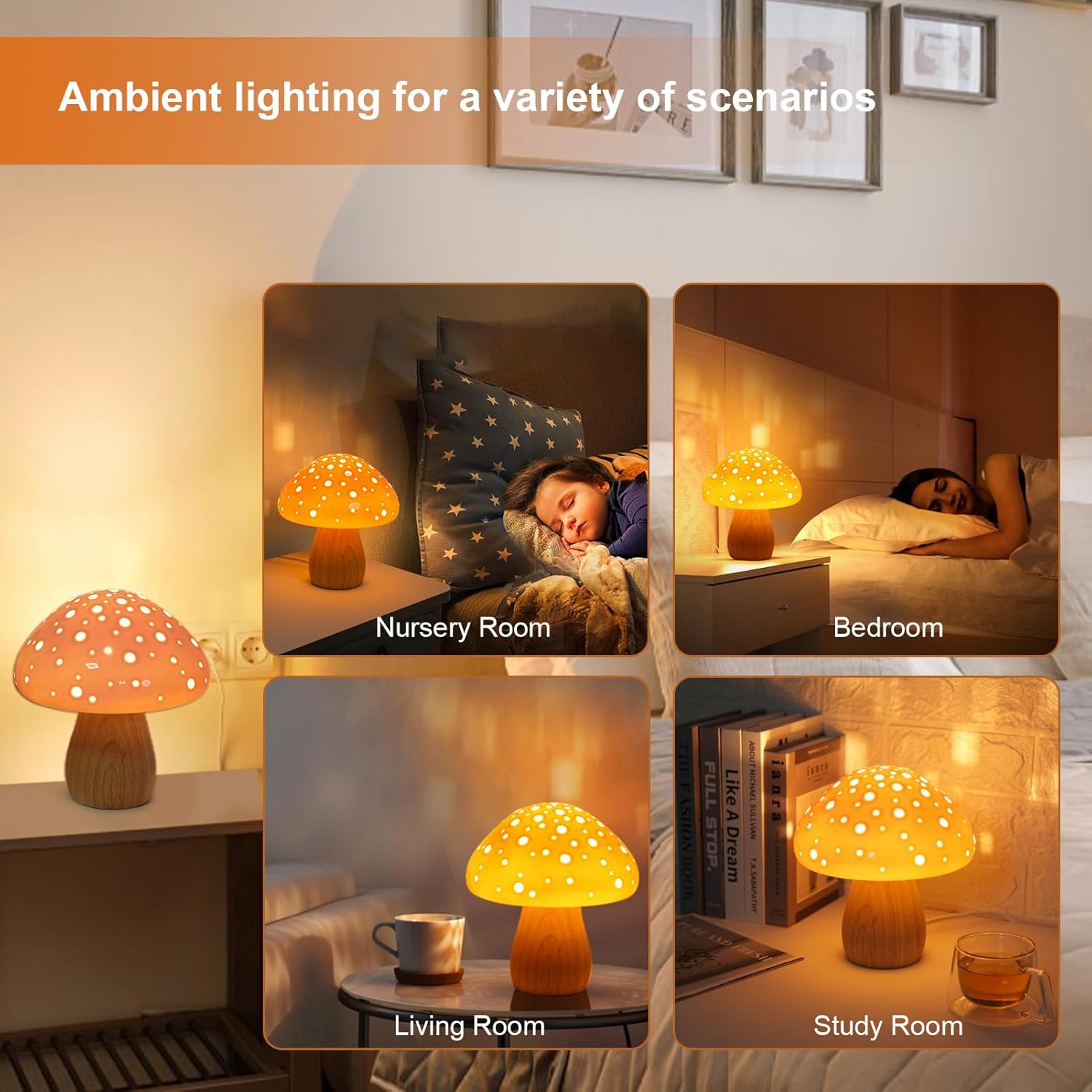 KAiSnova Lámpara de seta pequeña lámpara de mesita de noche, lámpara de escritorio de cerámica rosa, lámpara de mesita de noche única, luces