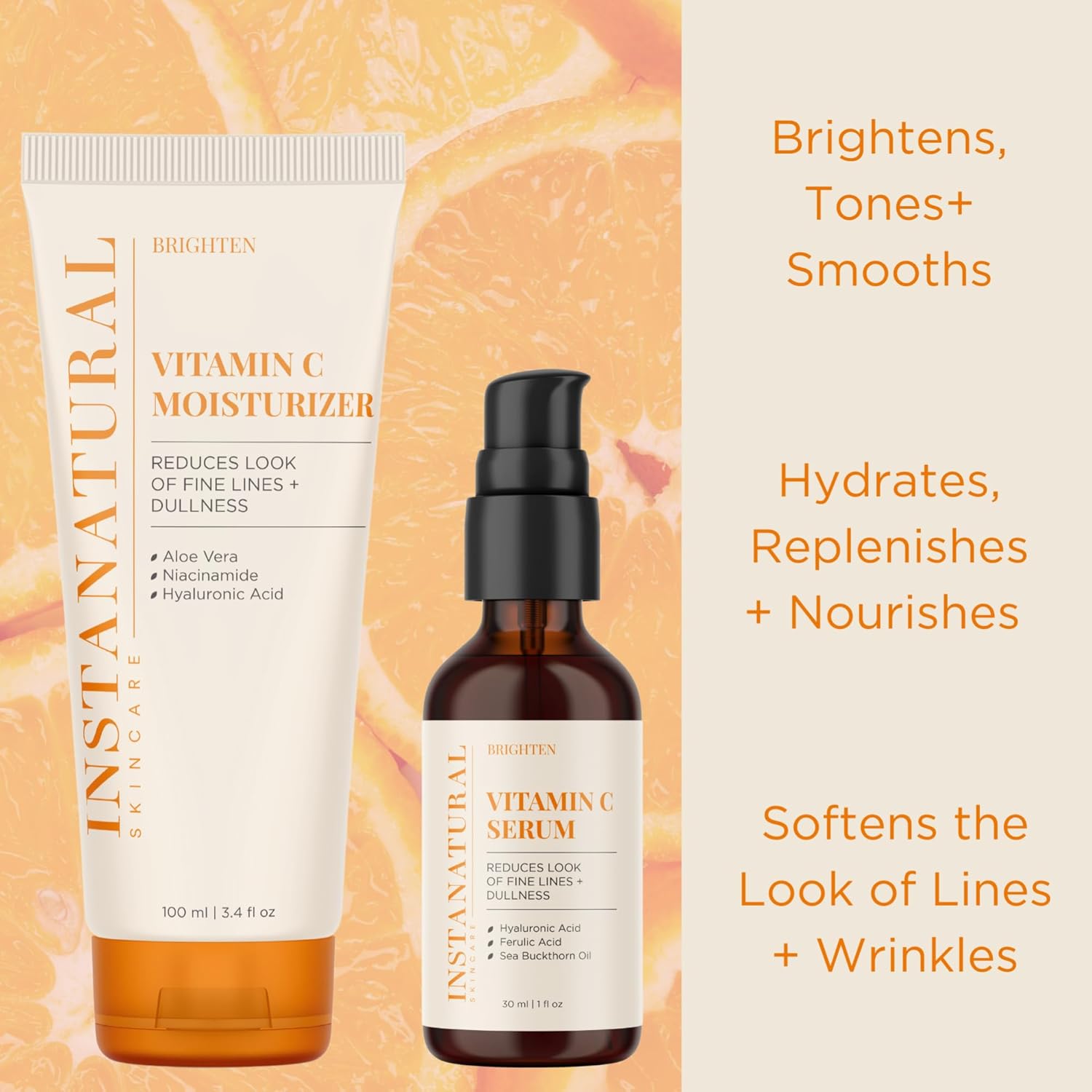 InstaNatural Kit de crema hidratante y suero de vitamina C, ilumina y reduce los signos de envejecimiento, líneas finas y arrugas, con ácido