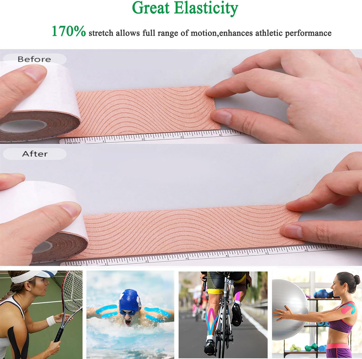 Kinesiology – Cinta precortada Pro-4 unidades  Cinta atlética elástica impermeable, 66 pies 80 tiras, cinta adhesiva de algodón de grado médico para