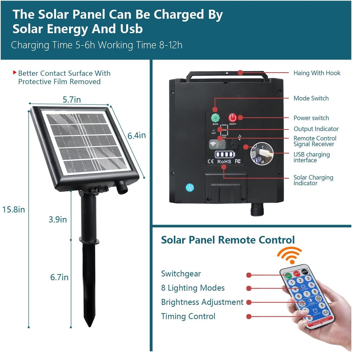 Nurluce Tira de luces LED solares para exteriores, impermeable, blanco cálido, 32.8 pies, 960 LED, 2400 mAh, 24 V, tira de luz solar con control