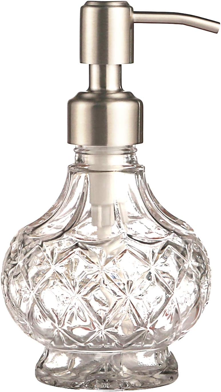 YunNasi Dispensador de jabón con bomba de acero inoxidable, diseño de cristal transparente, vintage y elegante, dispensadores de jabón líquido