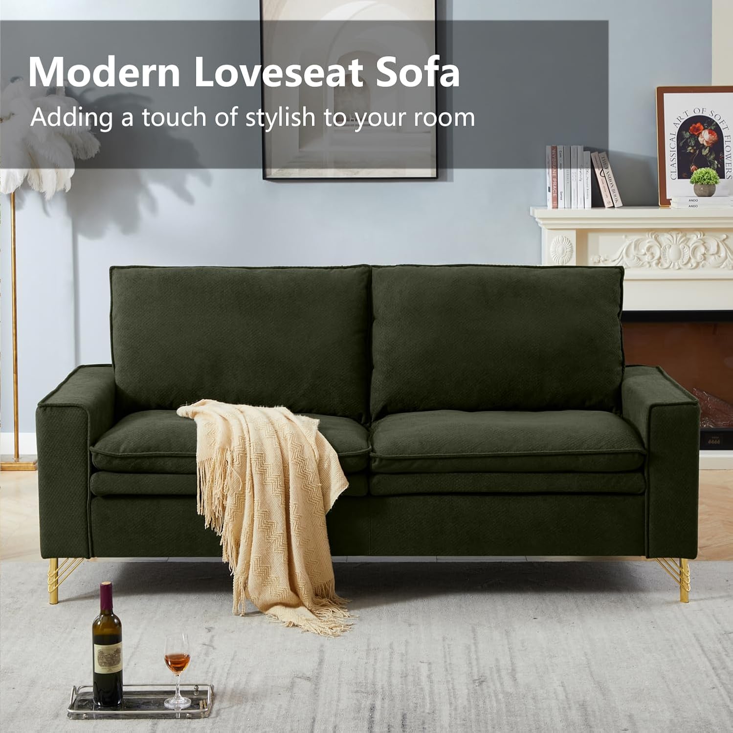 Sofá biplaza, sofá moderno de tela de algodón de 78 pulgadas, con reposabrazos cuadrados y patas de metal dorado, cómodo sofá de 2 plazas para sala