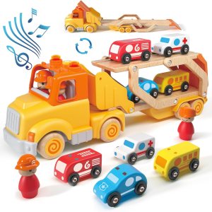 Camión transportador de coche de juguete con vehículos de madera, remolque de pista, luces y sonidos, regalo para niños de 2 a 5 años Camión transportador de coche de juguete con vehículos de madera, remolque de pista, luces y sonidos, regalo para niños de 2 a 5 años