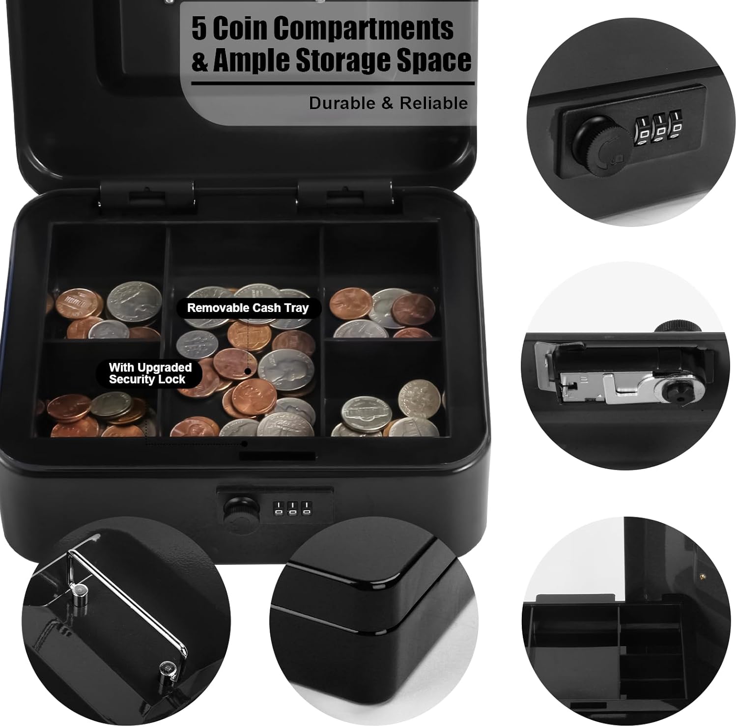 Sgorlds Caja de dinero pequeña con cerradura de combinación y bandeja de efectivo extraíble, caja de dinero de metal para dinero en efectivo,