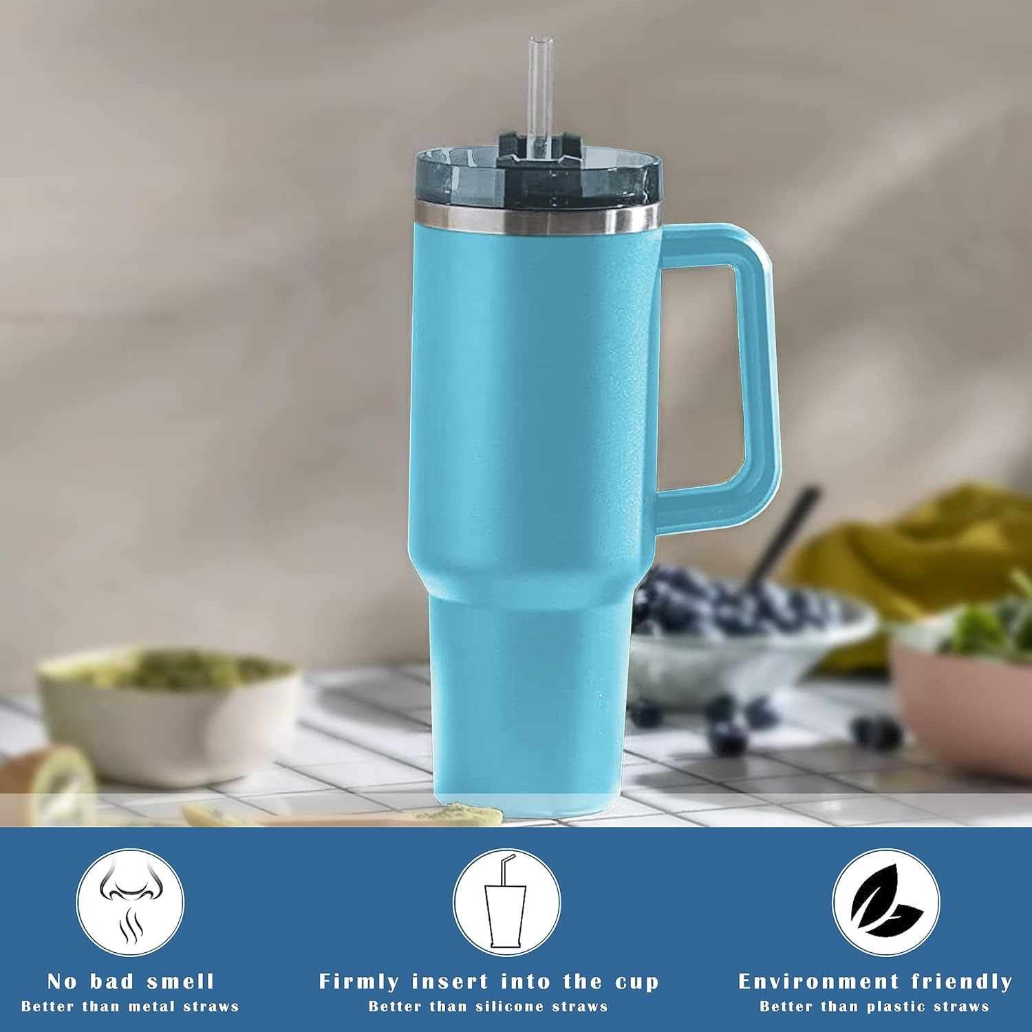Quencher 40 oz Stainless Steel Tumbler with Handle,Iced Tea or Coffee, Durable Powder Coated Water Bottle, 2 sets of dust plugs for straws and cup