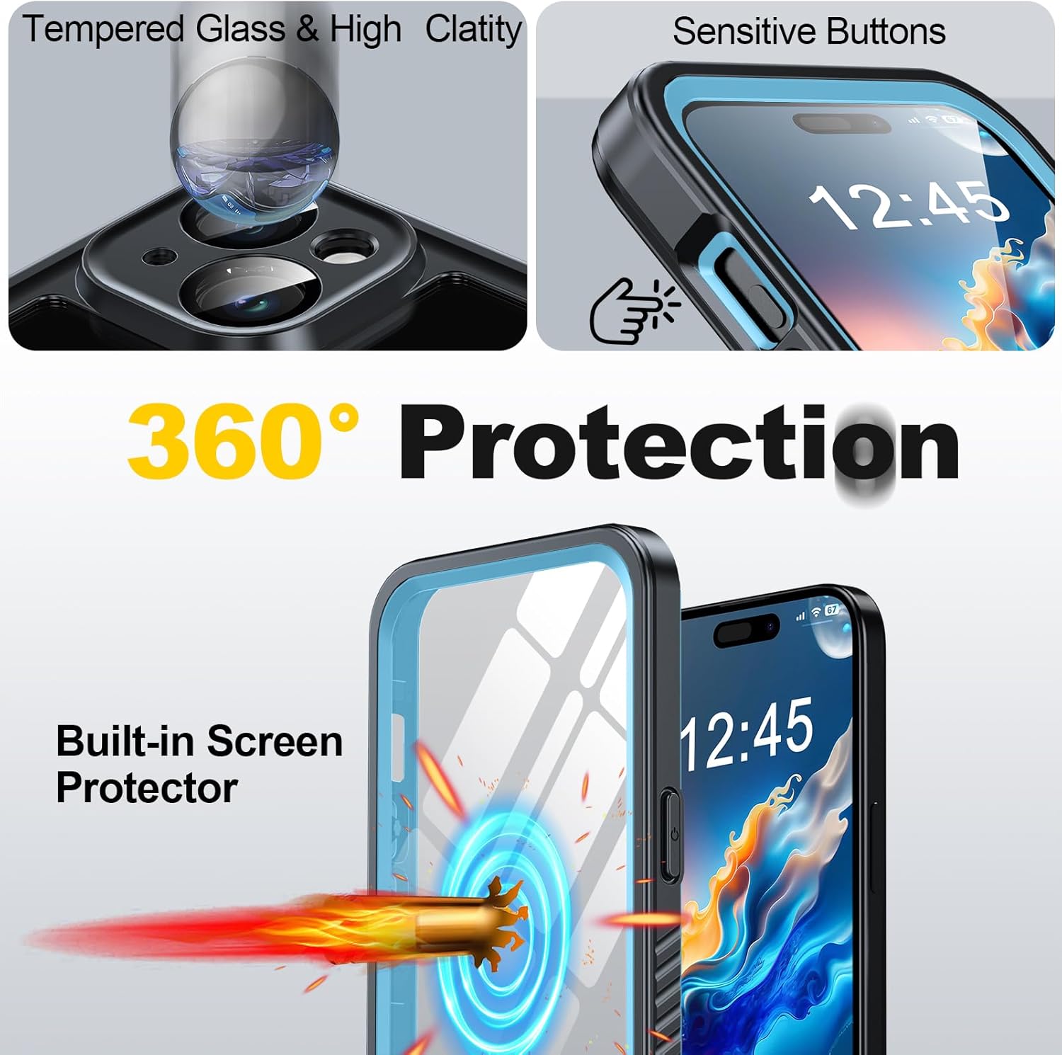 ANTSHARE Funda impermeable para iPhone 15, protector de pantalla y lente integrados 14 pies a prueba de caídas militares cuerpo completo a prueba de