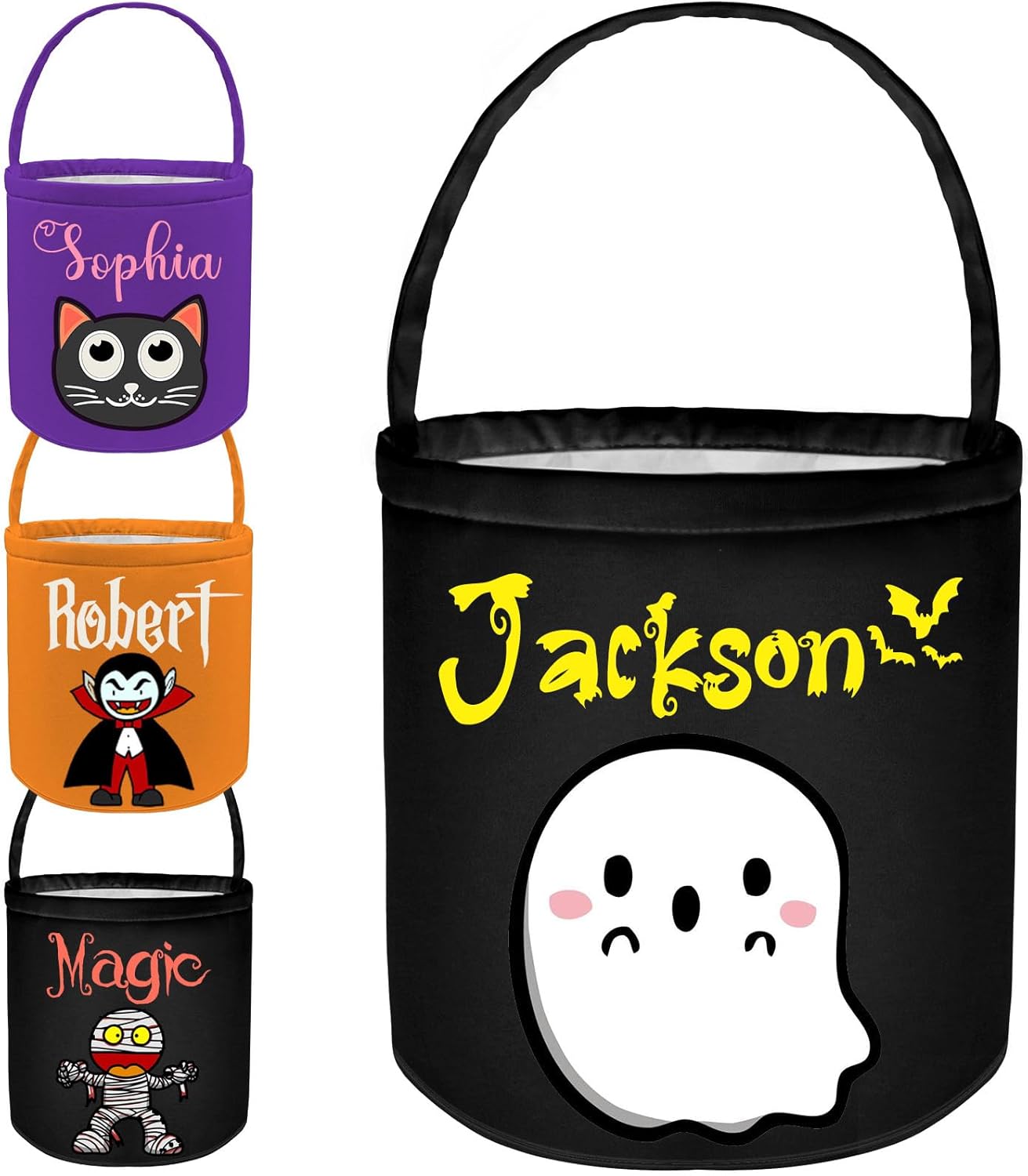 Cubo personalizado de Halloween con nombre, cesta de dulce o truco de Halloween, regalo personalizado para niños y niñas, color negro