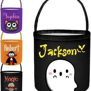 Cubo personalizado de Halloween con nombre, cesta de dulce o truco de Halloween, regalo personalizado para niños y niñas, color negro Cubo personalizado de Halloween con nombre, cesta de dulce o truco de Halloween, regalo personalizado para niños y niñas, color negro