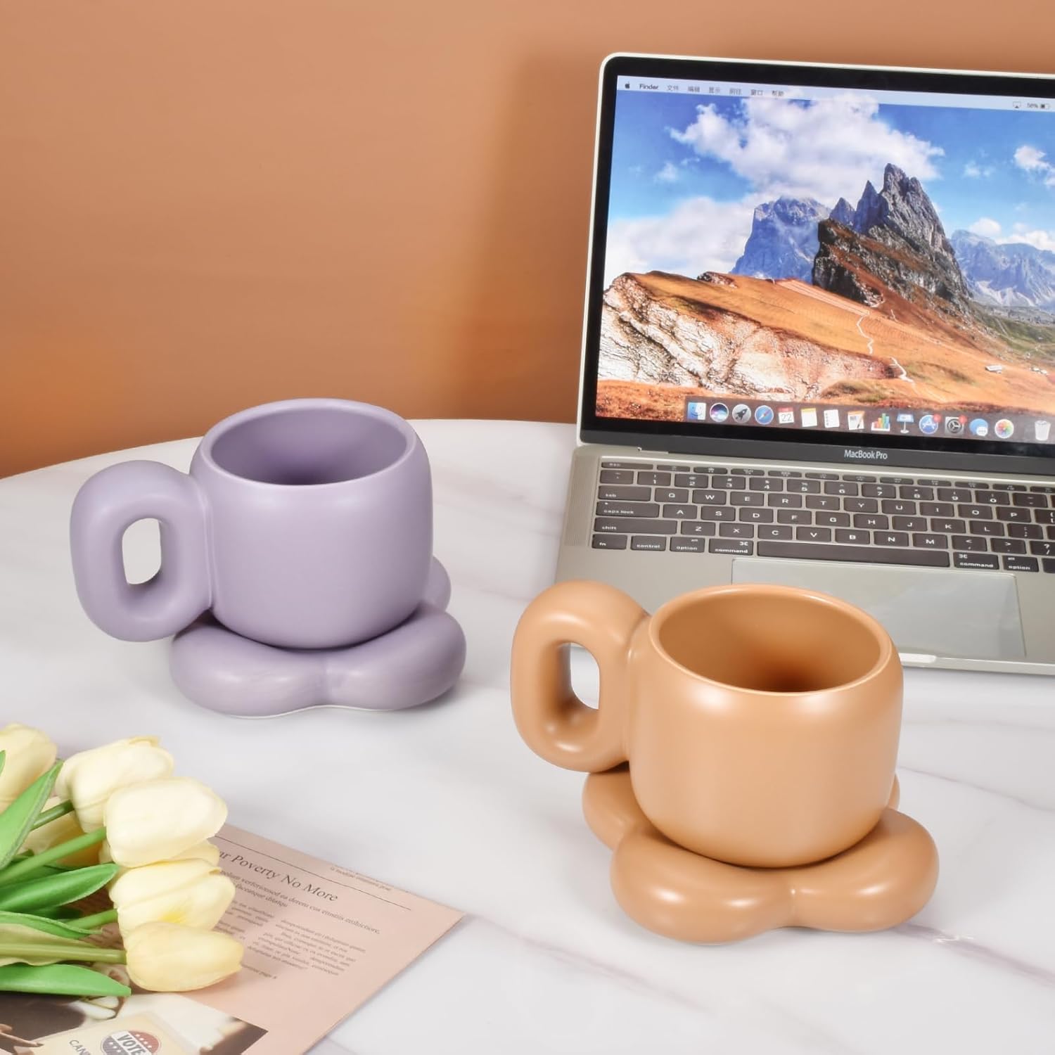 Koythin Taza de café de cerámica con platillo, bonita y creativa forma de flor con mango graso, platillo para oficina y hogar, apto para