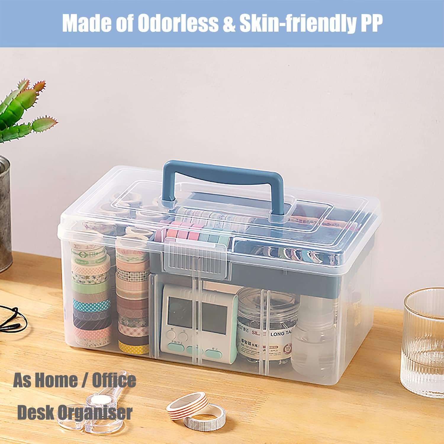 Caja organizadora de suministros de plástico transparente para artes y manualidades, caja grande con una bandeja extraíble, una partición y asa,
