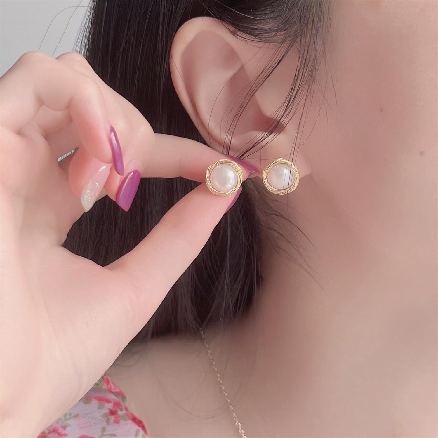 Natural Baroque Freshwater Pearl Earrings for Women, White Round Pearls, Wire Wrap Gold Stud Earrings Jewelry, Handmade Jewelry Gift for Mom Lover